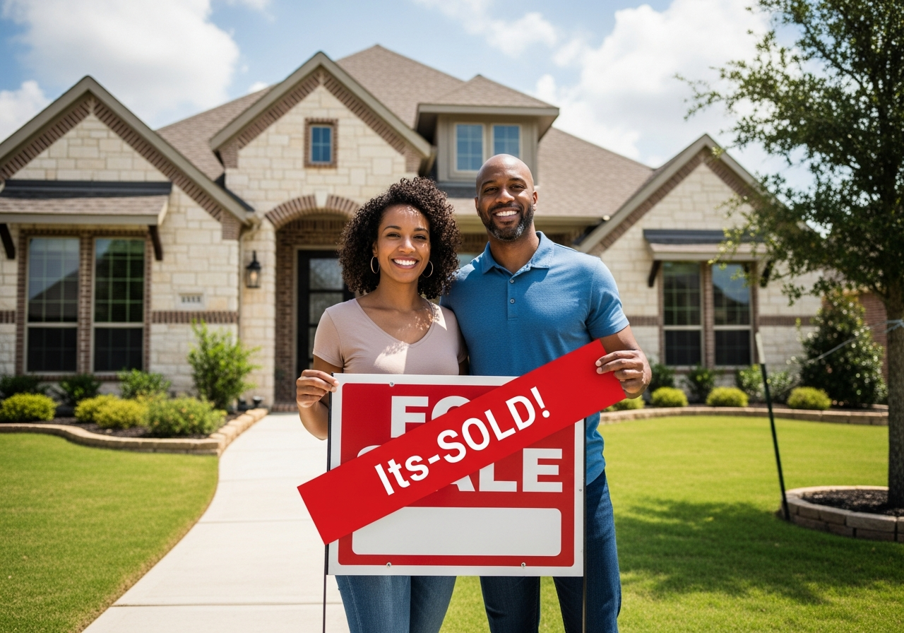 Happy homeowners celebrating successful FSBO home sale with Its-Sold sign